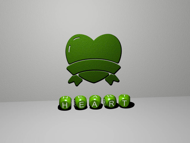 3D illustration of heart graphics and text made by metallic dice letters for the related meanings of the concept and presentations. background and love - Photo, Image