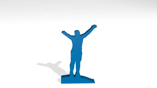 MAN WITH ARMS OPEN, hergestellt durch 3D-Illustration einer metallisch glänzenden Skulptur an einer Wand mit hellem Hintergrund. Frau und Erwachsene - Foto, Bild