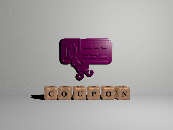 3D ilustrace COUPON grafiky a textu z kovových kostek písmen pro související významy konceptu a prezentací. pozadí a nápis - Fotografie, Obrázek