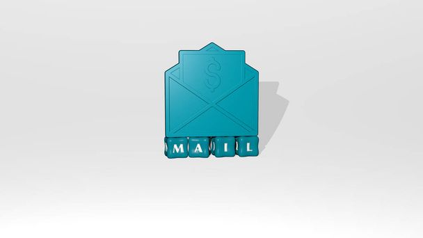 3D-grafisches Bild von MAIL vertikal zusammen mit Text, der aus metallischen kubischen Buchstaben aus der Perspektive von oben gebaut wurde, hervorragend für die Konzeptpräsentation und Diashows. Illustration und Ikone - Foto, Bild