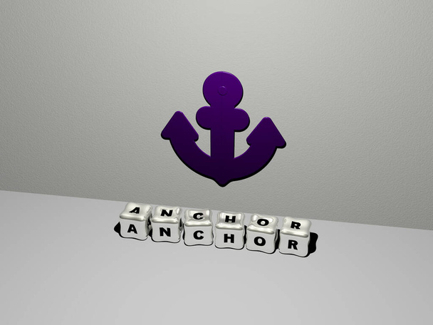 ANCHOR grafikák 3D illusztrációja és fémkocka betűkkel készített szöveg a fogalom és a prezentációk kapcsolódó jelentéseihez. háttér és csónak - Fotó, kép