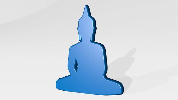 Símbolo de Buda hecho por la ilustración 3D de una escultura metálica brillante con la sombra sobre fondo claro. Asia y templo - Foto, Imagen