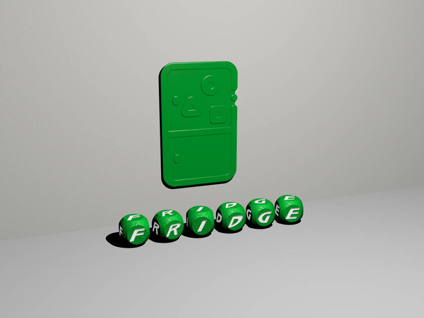 3D illustration of fridge graphics and text made by metallic dice letters for the related meanings of the concept and presentations. cartoon and food - Photo, Image