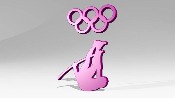 OLYMPIC from a perspective with the shadow. A thick sculpture made of metallic materials of 3D rendering. editorial and games - Photo, Image