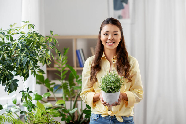happy asian woman with flower in pot at home - Foto, immagini