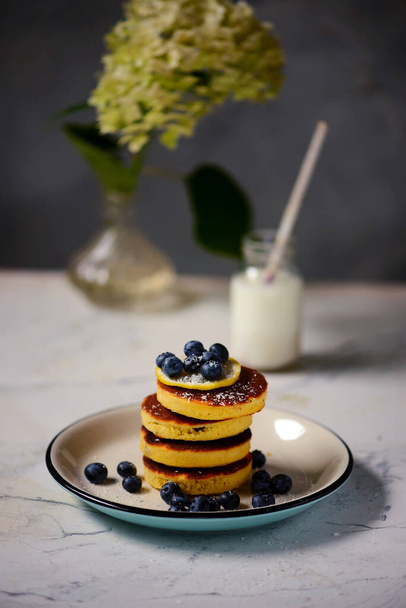 Pancakes with blueberry.style vintage .selective focus - Photo, Image