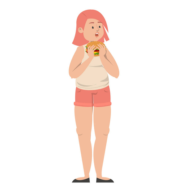 Tlustá žena jedí burger vektor izolovaný. Nezdravé jídlo a problémy s váhou. Nadváha dívka drží hamburger. - Vektor, obrázek
