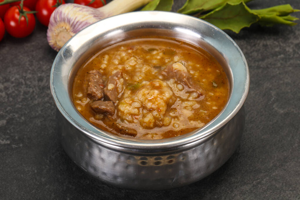 Суп Харчо з яловичиною і рисом. - Фото, зображення