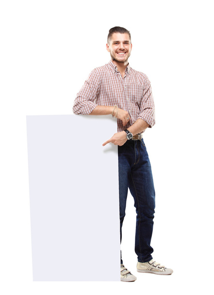 Happy business man presenting and showing with copy space for your text isolated on white background - Foto, immagini
