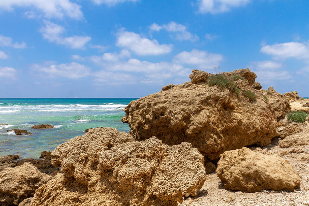 Piękne skały na plaży Givat Olga w Haderze. Morze Śródziemne. Izrael. - Zdjęcie, obraz