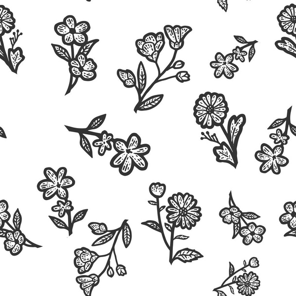 Seamless pattern wildflowers. Sketch scratch board imitation. Black and white. - Vector, Image