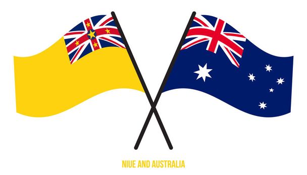 Η Niue και η Australia Flags διασταυρώθηκαν και κυμάτιζαν επίπεδα. Επίσημη αναλογία. Διορθωμένα χρώματα. - Διάνυσμα, εικόνα
