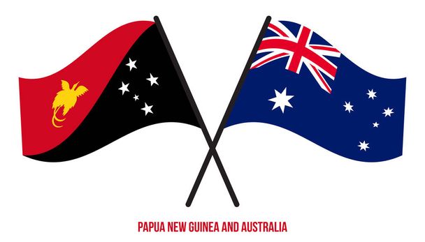 Παπουασία-Νέα Γουινέα και Αυστραλία Σημαίες διασταυρώθηκαν και κυματίζουν επίπεδο στυλ. Επίσημη αναλογία. Διορθωμένα χρώματα. - Διάνυσμα, εικόνα