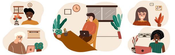 Work from home concept. Man talking with friends by video conference. New normal. Stay at home online workplace web chat meeting while in quarantine. Physical distancing concept. Vector illustration in flat cartoon design. - Vector, Image
