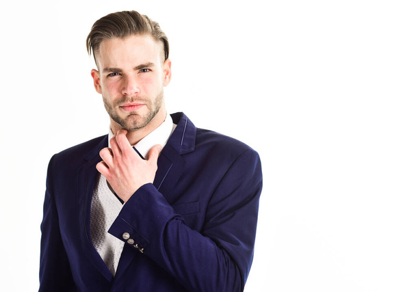 Man in classic suit or businessman feels uncomfortable with collar - 写真・画像