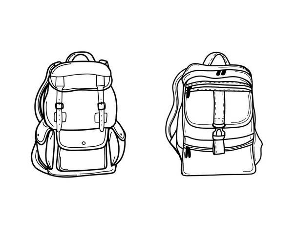  A school backpack or a satchel. Tourist backpack for traveling and Hiking. Luggage bag for transportation.Vector illustration in Doodle style - Vetor, Imagem