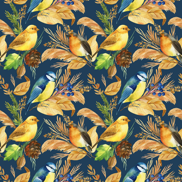 Bezproblémový vzor s ptačími kozami, kanárky, Robin. Podzim listy akvarel, izolované námořnictvo modré pozadí - Fotografie, Obrázek