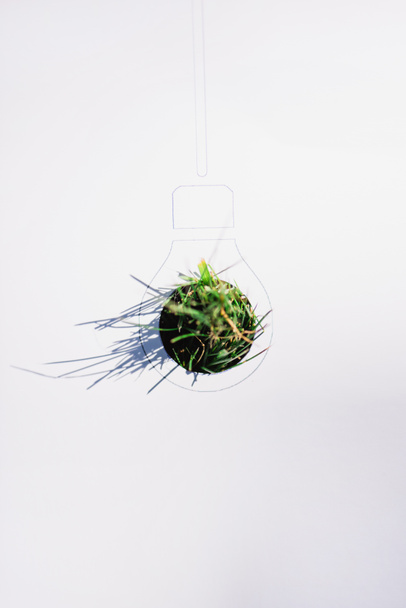 Draufsicht auf gezeichnete Glühbirne mit Gras auf weißem Hintergrund, ökologisches Konzept - Foto, Bild