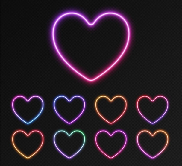 Ensemble de cadres gradient néon, collection de cœurs lumineux colorés. Bannières nocturnes vives, bordures lumineuses et lumineuses - Vecteur, image