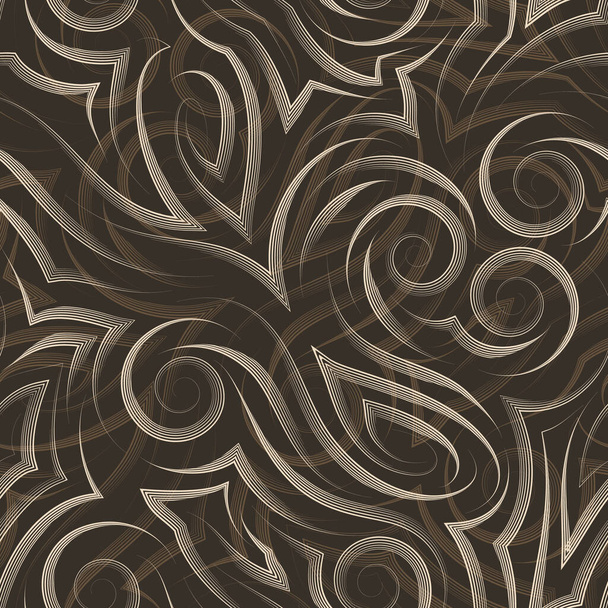 Vector beige seamless pattern drawn with a pen or liner for decoration on a brown background.Smooth uneven lines in the form of spirals of corners and loops. - ベクター画像