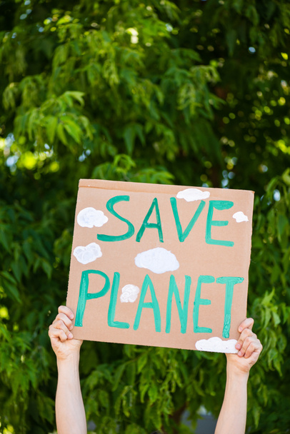 Vista cortada do homem segurando cartaz com salvar palavras planeta com árvores no fundo, conceito de ecologia
 - Foto, Imagem