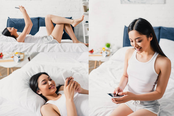 Kollázs vidám ázsiai nő használ okostelefon az ágyban reggel  - Fotó, kép