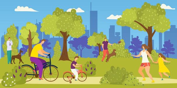 People in park, lifestyle leisure vector illustration. Woman man at cartoon outdoor path, young urban sport activity. Active - ベクター画像