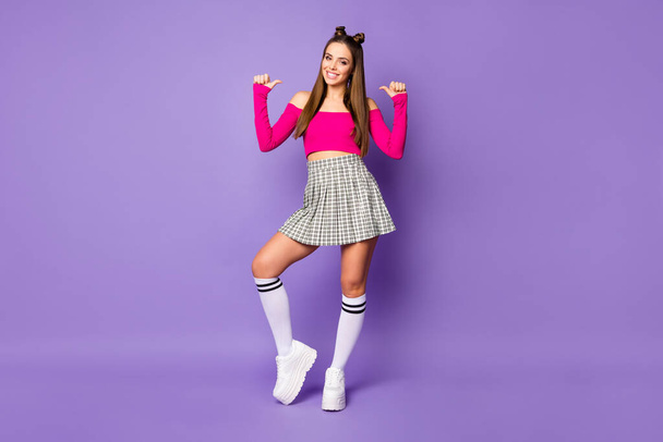 Its me. Full length photo of pretty millennial lady stylish look direct fingers herself wear pink off-shoulders cropped top skirt knee socks shoes isolated pastel purple color background - Zdjęcie, obraz