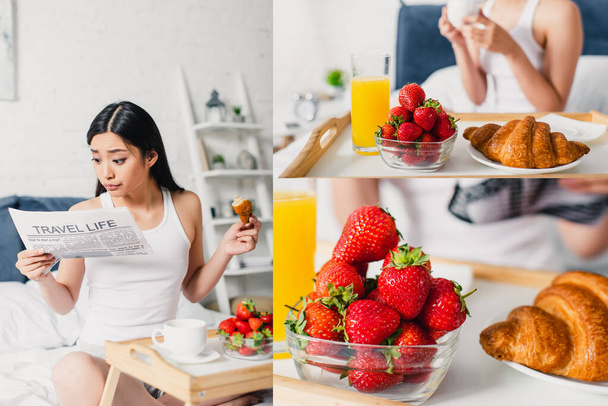 Collage of asian woman reading newspaper near breakfast on breakfast tray on bed  - Photo, Image