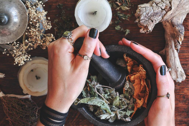 Kitchen witchery - female wiccan witch holding pestle and mortar in her hands, making magickal herb blend for a spell. Mix of dried herbs ready to be blended. Messy witch's altar on dark wooden table - Photo, Image
