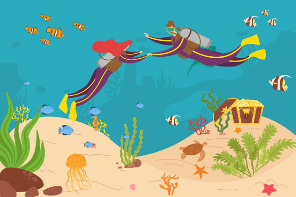 Diver couple diving adventure at sea vector illustration. Man woman character cartoon recreation in ocean, aquatic design activity - Vettoriali, immagini