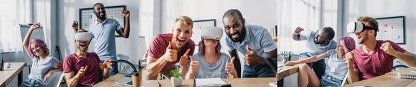 Collage of multiethnic business people with vr headset showing thumbs up in office  - Fotó, kép