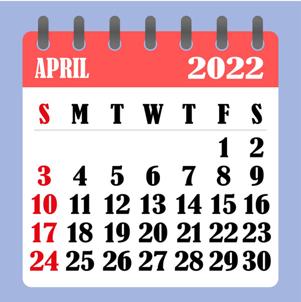 2022. áprilisi levélnaptár. A hét vasárnap kezdődik. Idő, tervezés és ütemezés koncepció. Lapos kialakítás. Kivehető naptár erre a hónapra. Vektor   - Vektor, kép