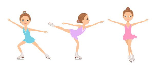 Female Figure Skater set.  Girl skates on ice in different poses isolated on white background. Vector sport illustration in cartoon simple flat style. - Vector, Image