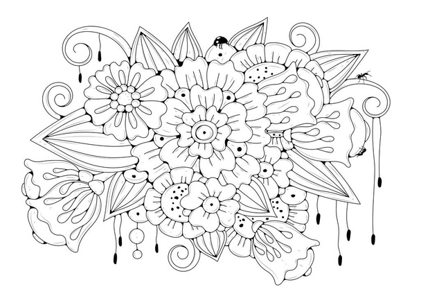 大人と高齢の子供のためのぬりえブックページ。黒と白の抽象的な花模様。瞑想のためのデザイン。この画像は、ファブリック上のデザインや印刷に使用できます。 - ベクター画像