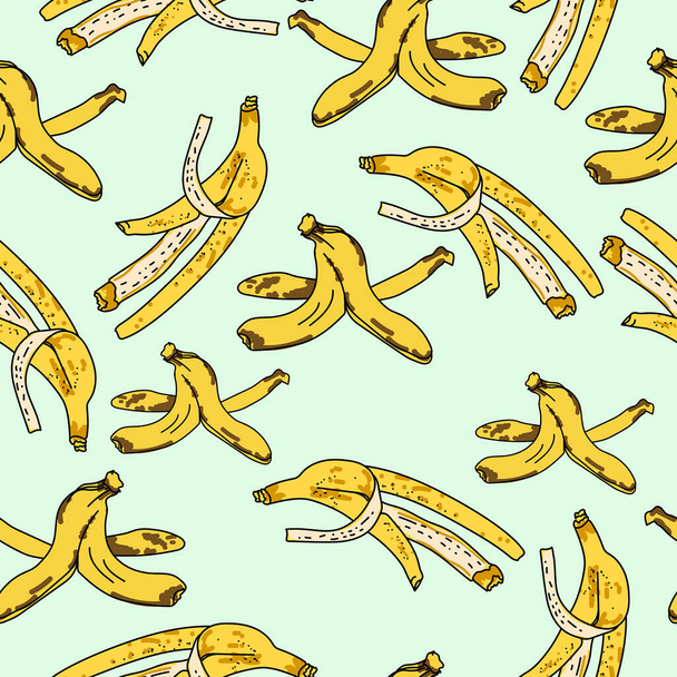 Banana peels seamless pattern, hand draw vector illustration, yellow fruit skin on green background for design and creativity - Wektor, obraz