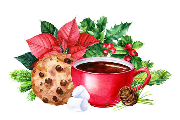Christmas and New Year sweet composition. Watercolor poinsettia flowers, holly, cup, cookies, marshmallow - Photo, Image