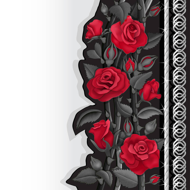 Черная карта с красными и черными розами и серебряными цепями - Вектор,изображение