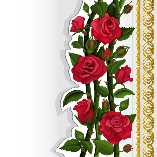 Tarjeta con rosas rojas y cadenas doradas - Vector, imagen