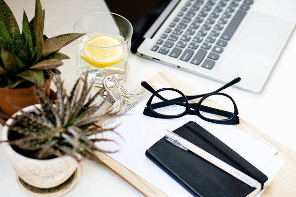 Домашний офис с ноутбуком, растениями и очками - Фото, изображение