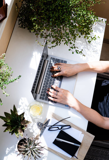 Womans hands on laptop keyboard, cozy workplace - Foto, Imagem