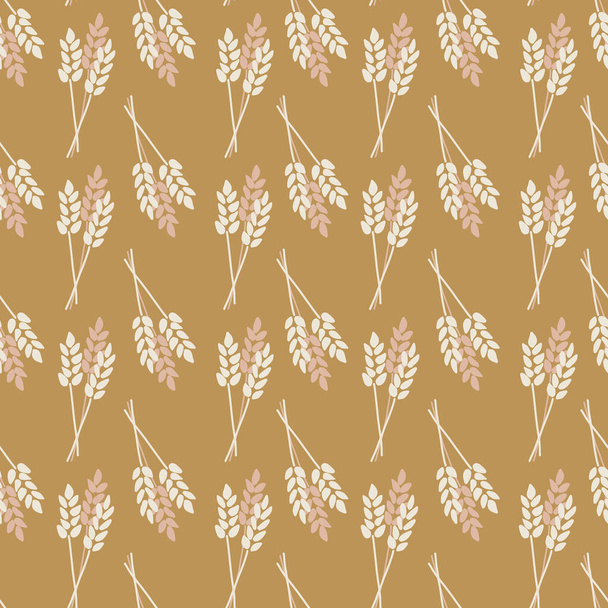 Seamless vector background crop Oat Wheat Barley Rye plant. Stylized autumn nature pattern. Pink brown gold white abstract fall pattern flat cartoon style. For fabric, decor, packaging, Thanksgiving - Vector, Image