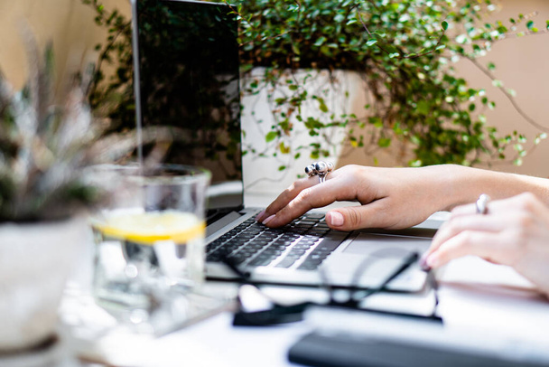 Womans hands on laptop keyboard, cozy workplace - Foto, immagini