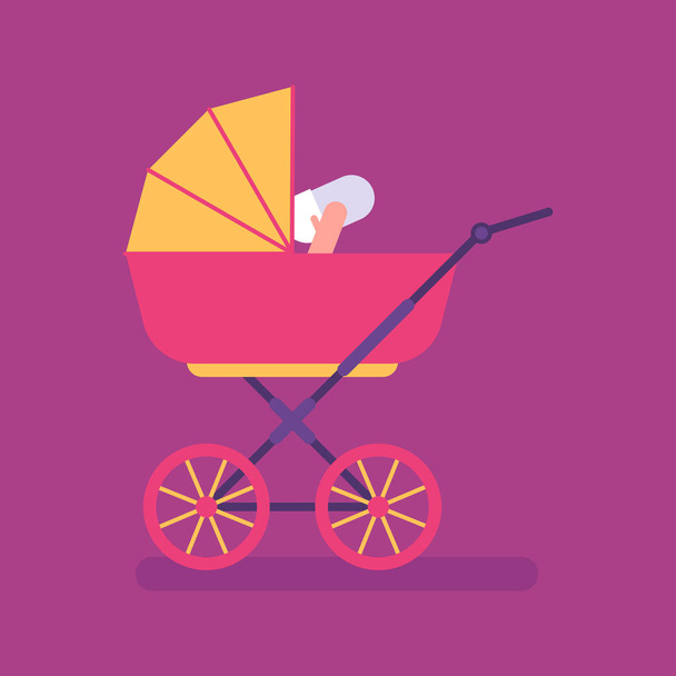 Ροζ παιδικό καροτσάκι με μικρό μωρό. Επίπεδοι άνθρωποι. Εικονογράφηση διανύσματος - Διάνυσμα, εικόνα