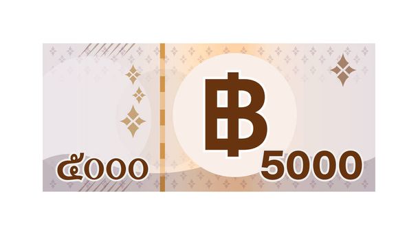 5000 baht tajskich banknotów wyizolowanych na białej, tajlandzkiej walucie pięć tysięcy THB, pieniądze tajski baht na płaski styl ikony, ilustracja papier pieniądze 5000 typ z symbolem B grafiki - Wektor, obraz