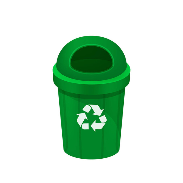 cubo verde aislado sobre fondo blanco, clip de arte de reciclaje cubo pequeño, ilustración cubo verde de plástico, icono plano cubo de basura, cubo de basura verde, cubo de basura para la basura con símbolo de reciclaje - Vector, Imagen