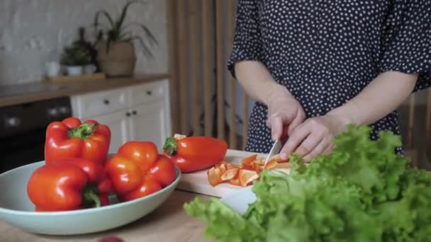 Beautiful young housewife holds knife cuts pepper salad cooking vegetable dish. - Materiał filmowy, wideo