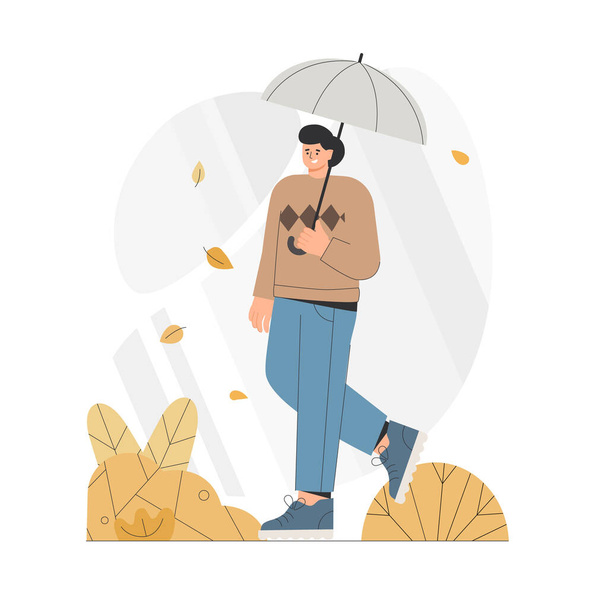 Şemsiyeli genç adam sonbahar parkında yürüyor. Düz biçim vektör illüstrasyonu. - Vektör, Görsel