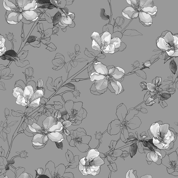 Monochrome vector seamless floral pattern of spring bloom branch with flowers cherry, buds, leaves on gray background. Blooming tree twigs sakura. Vintage. Hand drawn. Stock illustration. - Vector, afbeelding