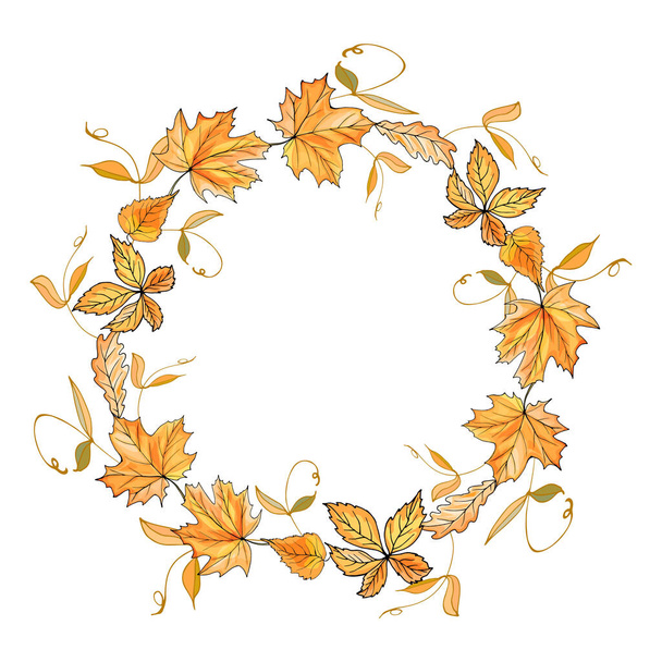 Corona de otoño vectorial con hojas amarillas. Marco redondo para su diseño, carteles, pancartas, tarjetas de felicitación, plantilla de invitación. - Vector, imagen